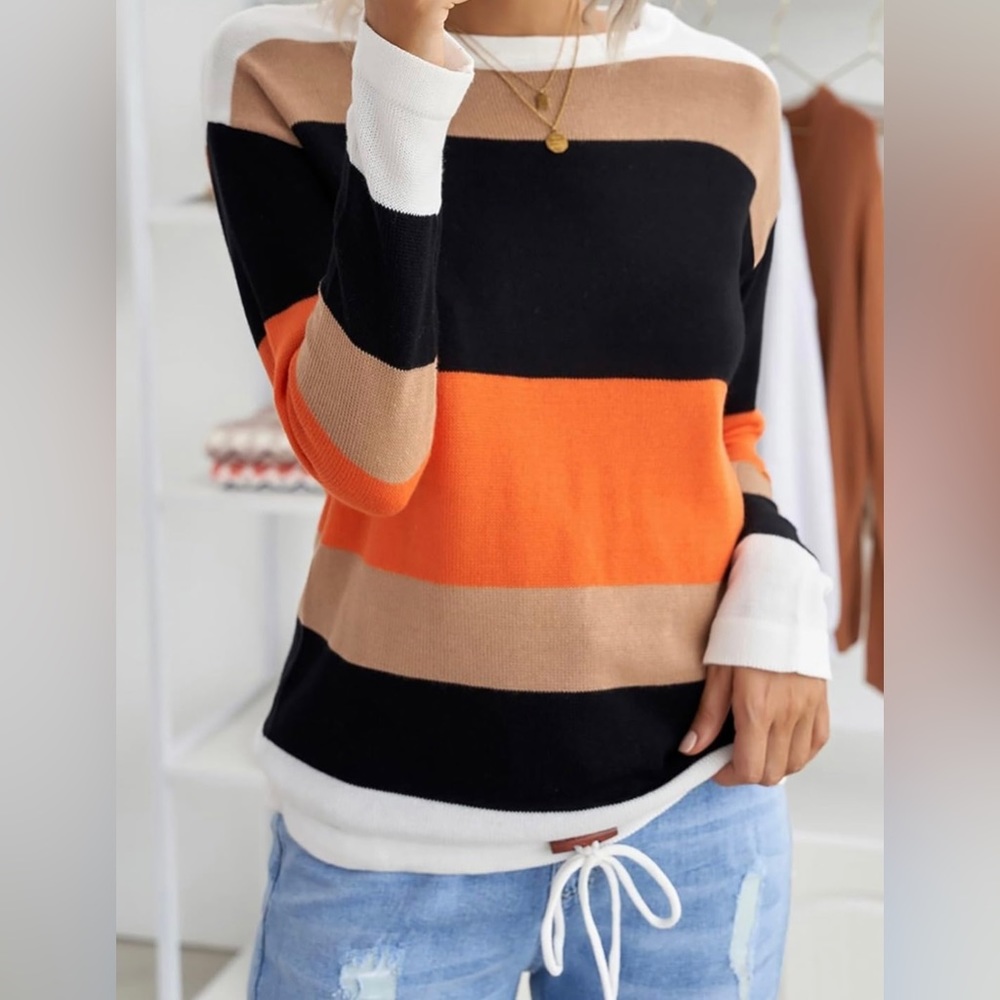 Trendy Sweet Pullover Drawstring Knitted Sweater Round Neck Striped Cute Sweater